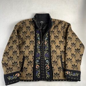 Icelandic Design Womens M Tan Black Floral Embroidered Zip Wool Knit‎ Jacket